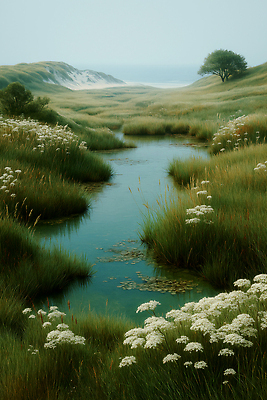 JPG 식물 꽃 바다 일러스트 자연 생명 풍경 초원 초록색 물 강 평화 고요 숲 언덕 생태계 조화 국내일러스트 AI일러스트 AI콘텐츠 자연요소 컬러 컨셉 파일형식