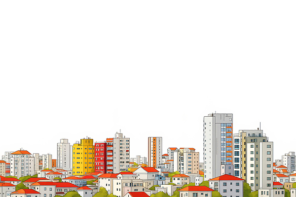 JPG 건축 컬러 백그라운드 일러스트 자연 거리 아파트 주택 서울 풍경 건물 생활 평화 환경 공간 도시 조화 고층 주거지 주민 경관 국내일러스트 AI일러스트 AI콘텐츠 건축물 컨셉 한국 생태계 파일형식