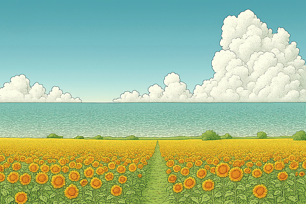 JPG 식물 구름 길 바다 컬러 백그라운드 꽃밭 농업 일러스트 자연 하늘 해바라기 풍경 해변 여름 햇빛 농장 정원 일몰 국내일러스트 AI일러스트 AI콘텐츠 자연요소 계절 꽃 산업 태양 노을 생태계 파일형식