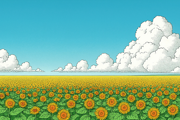 JPG 구름 꽃 여행 일러스트 자연 하늘 해바라기 풍경 초원 일상 여름 농장 평화 촬영 감상 땅 드넓은 밝은색 뷰티풀 국내일러스트 AI일러스트 AI콘텐츠 자연요소 식물 계절 컨셉 농업 라이프 생태계 파일형식