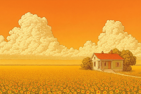 JPG 식물 구름 컬러 일러스트 자연 하늘 해바라기 주택 풍경 초원 햇빛 태양 평화 정원 일몰 금색 농촌 편안함 뷰티풀 국내일러스트 AI일러스트 AI콘텐츠 자연요소 꽃 컨셉 건물 노을 시골 감각 생태계 파일형식