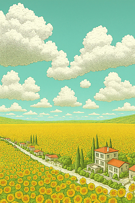 JPG 구름 길 여유 예술 컬러 일러스트 자연 생명 휴식 해바라기 주택 풍경 태양 평화 마을 농촌 시골 그림 뷰티풀 국내일러스트 AI일러스트 AI콘텐츠 자연요소 꽃 감정 컨셉 건물 생태계 파일형식