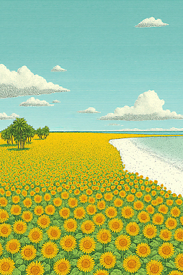 JPG 식물 바다 일러스트 자연 해바라기 열대 풍경 초원 해변 여름 관광지 농작물 햇빛 일몰 선탠 식물원 뷰티풀 수평선 트로피컬아트 국내일러스트 AI일러스트 AI콘텐츠 계절 꽃 여행 농업 태양 노을 그림 생태계 파일형식