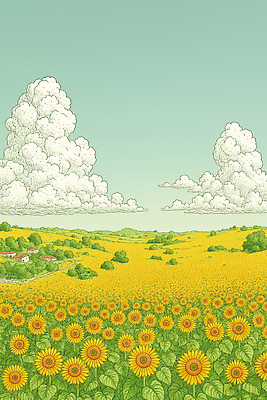 JPG 나무 구름 꽃밭 농업 일러스트 자연 하늘 해바라기 주택 풍경 잔디 초원 여름 파란색 햇빛 농장 평화 일출 일몰 풍경화 국내일러스트 AI일러스트 AI콘텐츠 자연요소 식물 계절 꽃 산업 컬러 컨셉 건물 태양 노을 그림 생태계 파일형식