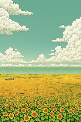 JPG 식물 구름 밭 일러스트 자연 하늘 해바라기 풍경 초원 일상 여름 햇빛 평화 일몰 성장 농촌 뷰티풀 국내일러스트 AI일러스트 AI콘텐츠 자연요소 계절 꽃 컨셉 농업 라이프 태양 노을 시골 생태계 파일형식