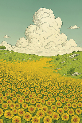 JPG 식물 구름 꽃 컬러 밭 일러스트 자연 해바라기 풍경 초원 여름 햇빛 평화 시골 질감 지역 뷰티풀 국내일러스트 AI일러스트 AI콘텐츠 자연요소 계절 컨셉 농업 태양 생태계 파일형식