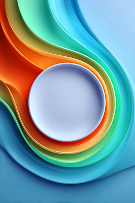 JPG 모양 편집이미지 식기 접시 디자인 물결 예술 컬러 백그라운드 추상 컴퓨터그래픽 초록색 파란색 주황색 공간 감각 구출 그림 조화 공급 이미지편집 AI컴퓨터그래픽 AI콘텐츠 무늬 그래픽 도움 파일형식