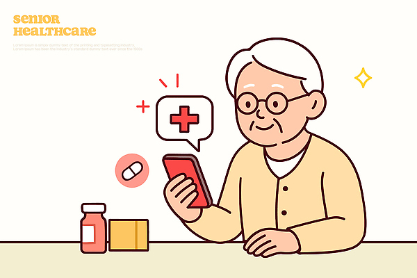 할아버지 노년 일러스트 의학 탁자 기술 건강 관리 생활 스마트폰 약 건강관리 의사 정보 도움 약병 상담 예방 조언 노화 국내일러스트 AI파일 남자 가구 컨셉 성인 핸드폰 스마트기기 의료진 병_담는 파일형식 벡터