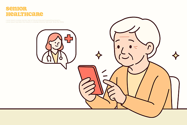노년 일러스트 의학 커뮤니케이션 기술 건강 치료 스마트폰 의사 정보 상담원 편안함 연령 서비스 상담 이미지 통화 온라인 소통 국내일러스트 AI파일 컨셉 모션 성인 핸드폰 스마트기기 의료진 사무원 감각 파일형식 벡터