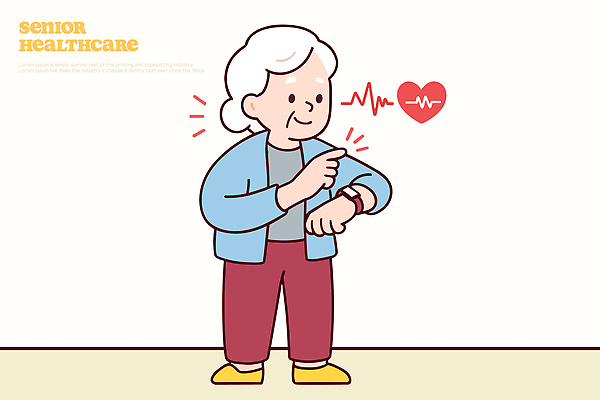 라이프스타일 웰빙 노년 포즈 일러스트 의학 기술 실내 표정 건강 운동 건강관리 헬스 활발 맥박 편안함 체크표시 스마트워치 국내일러스트 AI파일 컨셉 관리 성인 내부 생활 스마트기기 감각 확인 웨어러블 파일형식 벡터