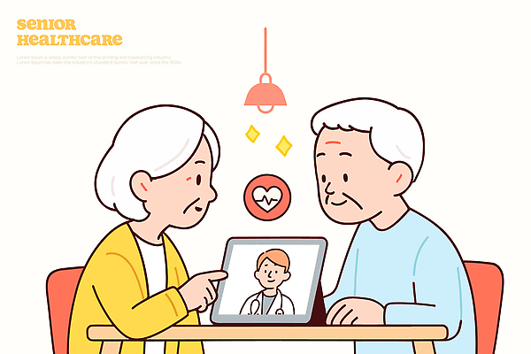 부부 노년 일러스트 의학 탁자 기술 건강 관리 생활 빛 태블릿 의사 정보 상담 노인복지 소통 충고 국내일러스트 AI파일 커플 가구 컨셉 성인 전자제품 스마트기기 의료진 복지 파일형식 벡터