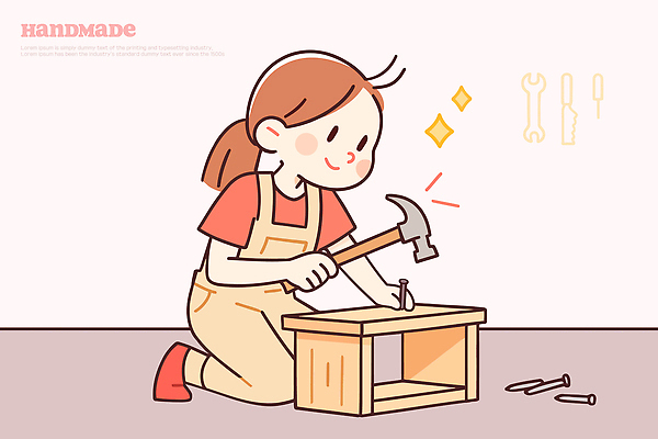 나무 어린이 일러스트 가정 모션 소녀 도구 못 수리 망치 목수 집중 즐거움 DIY 작업대 창의성 창작 핸드메이드 국내일러스트 AI파일 식물 직업 여자 감정 컨셉 사람 취미 공구 파일형식 벡터
