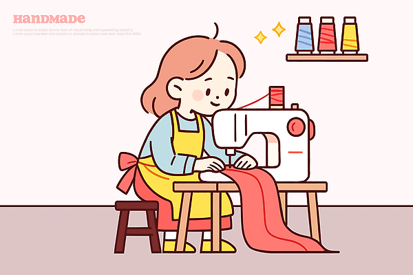 디자인 여자 일러스트 직물 실 편안함 바느질 공예 재봉틀 집중 수공예 손재주 스티치 창의성 창작 패브릭 핸드메이드 Sewing 국내일러스트 AI파일 컨셉 사람 취미 감각 파일형식 벡터