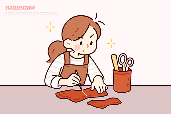 라이프스타일 디자인 여자 예술 일러스트 재료 기술 취미 도구 작업 편안함 가죽 공예 집중 그림 만들기 수공예 창의성 창작 핸드메이드 국내일러스트 AI파일 컨셉 모션 사람 생활 감각 파일형식 벡터