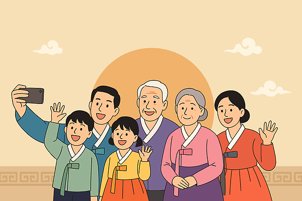 전통 기념일 노년 행복 문화 일러스트 가족 기념 따뜻함 사랑 웃음 성인 햇빛 추석 추억 한복 셀프카메라 즐거움 세대 소통 순간 국내일러스트 AI파일 한국전통 명절 감정 컨셉 관계 표정 사람 이벤트 태양 사진촬영 전통의상 파일형식 벡터