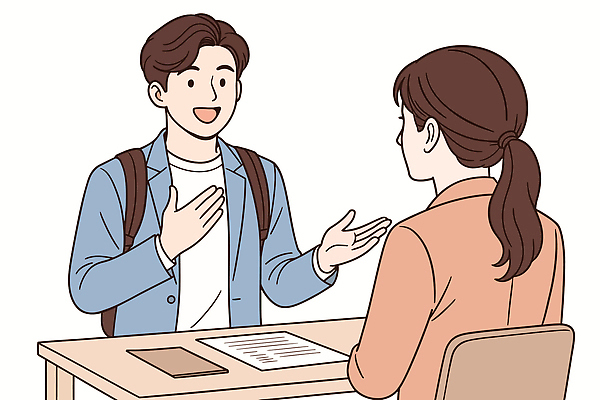 학생 일러스트 배낭 탁자 커뮤니케이션 대화 체험 질문 유연 준비 면접 답변 대답 면접관 준비물 피드백 상호작용 국내일러스트 AI파일 가구 컨셉 가방 비즈니스 말하기 파일형식 벡터