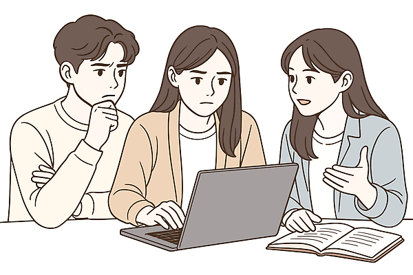 학생 교육 일러스트 탁자 커뮤니케이션 협력 기술 실험 대화 책 친구 노트북 학습 토론 집중 장면 과제 노력 의견 국내일러스트 AI파일 가구 컨셉 관계 말하기 전자제품 파일형식 벡터