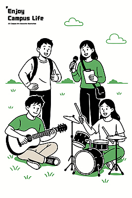 학생 문화 음악 연주 일러스트 모션 협력 아웃도어 야외 여름 친구 청춘 정원 축제 기타 마이크 즐거움 대학교 드럼 소통 국내일러스트 AI파일 계절 감정 음향기기 컨셉 학교 관계 현악기 문화예술 타악기 파일형식 벡터