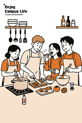 문화 음식 대학생 일러스트 재료 모션 협력 디저트 함께함 대화 요리 웃음 친구 주방 식사 시간 체험 편안함 즐거움 준비 대학교 국내일러스트 AI파일 학생 감정 컨셉 학교 관계 표정 말하기 감각 파일형식 벡터