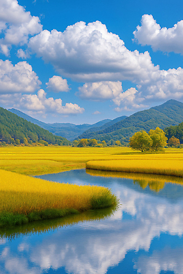 JPG 구름 편집이미지 자연 하늘 산 풍경 초원 물 강 반사 노란색 평화 가을 시골 생태 편집실사 AI포토 AI콘텐츠 자연요소 계절 컬러 컨셉 CG 생태계 파일형식