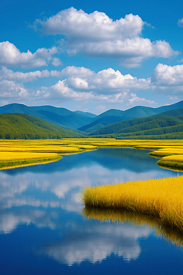 JPG 구름 편집이미지 컬러 자연 하늘 산 갈대 풍경 초록색 물 여름 강 반사 노란색 비교 생태계 편집실사 AI포토 AI콘텐츠 자연요소 식물 계절 컨셉 CG 파일형식