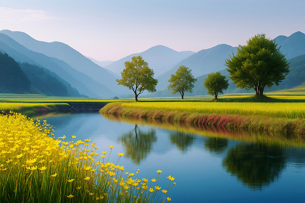 JPG 나무 편집이미지 꽃 여유 컬러 여행 자연 산 풍경 물 강 노란색 평화 생태 풍경화 편집실사 AI포토 AI콘텐츠 자연요소 식물 감정 컨셉 CG 그림 생태계 파일형식