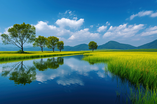 JPG 나무 구름 편집이미지 생명 산 물 여름 반사 평화 고요 논밭 뷰티풀 산들바람 편집실사 AI포토 AI콘텐츠 자연요소 식물 계절 컨셉 밭 바람 논 CG 파일형식