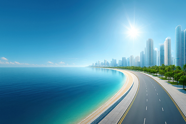 JPG 편집이미지 도로 바다 여행 자연 하늘 풍경 해변 여름 햇빛 고층빌딩 도시 편집실사 AI포토 AI콘텐츠 계절 길 교통시설 빌딩 태양 CG 생태계 파일형식