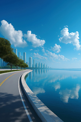 JPG 나무 구름 편집이미지 도로 호수 여행 자연 풍경 여름 반사 고층빌딩 드라이브 도시 물가 편집실사 AI포토 AI콘텐츠 자연요소 식물 계절 길 교통시설 빌딩 운전 CG 생태계 파일형식