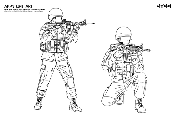 무기 포즈 일러스트 모션 군인 스케치 라인아트 준비 전쟁 지역 조준 전략 대칭 국내일러스트 AI파일 직업 선 미술 국군 파일형식 벡터