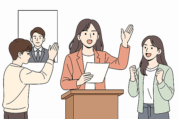 여자 남자 감정 일러스트 응원 협력 대화 손짓 표현 자신감 발표 분위기 전문직 군중 강의 단상 긍정적 발표회 국내일러스트 AI파일 직업 컨셉 모션 말하기 사람 파일형식 벡터