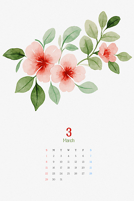 PSD 편집이미지 디자인 꽃 예술 컬러 잎 자연 생명 수채화 장식 봄 달력 3월 배열 그림 화사함 이미지편집 식물 계절 컨셉 날짜 생태계 파일형식