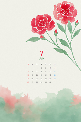 PSD 식물 편집이미지 디자인 꽃 예술 컬러 백그라운드 자연 수채화 빨간색 여름 노란색 달력 그림 화사함 7월 이미지편집 계절 컨셉 날짜 생태계 파일형식