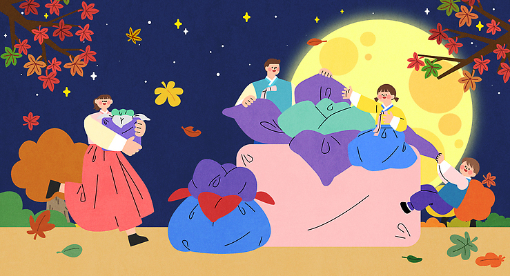 전통 행복 문화 일러스트 가족 자연 밤하늘 협력 따뜻함 일상 추석 축제 다정 보름달 가을 한복 즐거움 오브젝트 보따리 국내일러스트 AI파일 한국전통 계절 명절 감정 컨셉 관계 하늘 라이프 달 야간 전통의상 생태계 파일형식 벡터