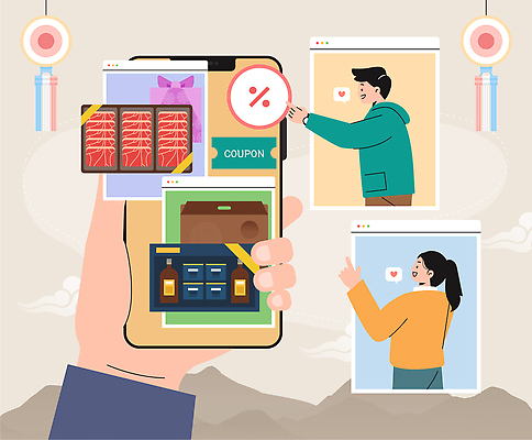 일러스트 기술 사람 스마트폰 홈페이지 세일 추석 디지털 스크린 거래 정보 소비 구매 상품 알림 쿠폰 온라인쇼핑 클릭 탐색 연휴 편리함 아이템 마케팅 국내일러스트 AI파일 명절 컨셉 핸드폰 스마트기기 공휴일 쇼핑 온라인 파일형식 벡터