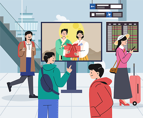 커플 옷 전통문화 여행 이동 일러스트 친절 비행기 한국 여러명 여행객 추석 스크린 짐 대기 공항 즐거움 연휴 체크인 출국 국내일러스트 AI파일 전통 명절 감정 아시아 문화 다수 컨셉 관계 항공교통 교통시설 대중교통 사람 공휴일 파일형식 벡터