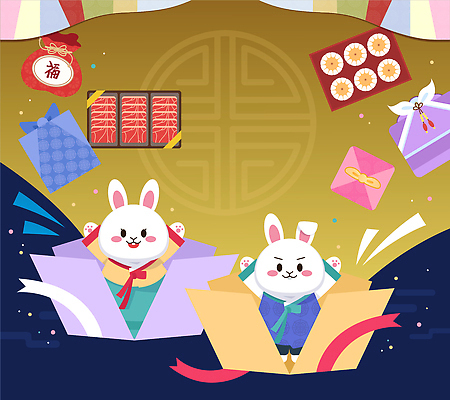 캐릭터 디자인 명절 행복 문화 컬러 백그라운드 패턴 일러스트 장식 상자 귀여움 축제 기쁨 토끼 즐거움 국내일러스트 AI파일 전통 기념일 감정 컨셉 무늬 포유류 반려동물 파일형식 벡터