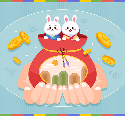 전통 손 디자인 행복 감정 문화 상징 컬러 백그라운드 일러스트 새해 장식 귀여움 동전 축하 토끼 행운 주머니 그림 국내일러스트 AI파일 컨셉 돈 포유류 신체부위 반려동물 파일형식 벡터