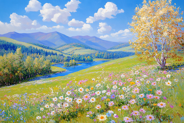 JPG 나무 감정 컬러 여행 꽃밭 일러스트 자연 생명 휴식 산 풍경 초원 초록색 여름 강 평화 계곡 허브 흰구름 뷰티풀 국내일러스트 AI일러스트 AI콘텐츠 식물 계절 꽃 컨셉 생태계 파일형식 구름_자연