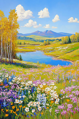 JPG 나무 구름 여행 꽃밭 일러스트 자연 생명 물줄기 풍경 초원 야외 평화 맑음 가을 그림 힐링 조화 뷰티풀 색채 국내일러스트 AI일러스트 AI콘텐츠 자연요소 식물 계절 꽃 컨셉 날씨 물 생태계 파일형식