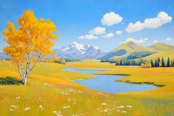 JPG 나무 구름 일러스트 자연 생명 풍경 초원 강 햇빛 고요 금색 가을 숲 강가 조용 뷰티풀 산맥 국내일러스트 AI일러스트 AI콘텐츠 자연요소 식물 계절 컬러 산 태양 생태계 파일형식