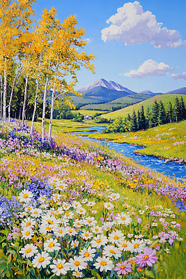 JPG 나무 일러스트 자연 하늘 산 풍경 여름 햇빛 평화 봄 들꽃 시골 강가 국내일러스트 AI일러스트 AI콘텐츠 식물 계절 꽃 컨셉 강 태양 생태계 파일형식