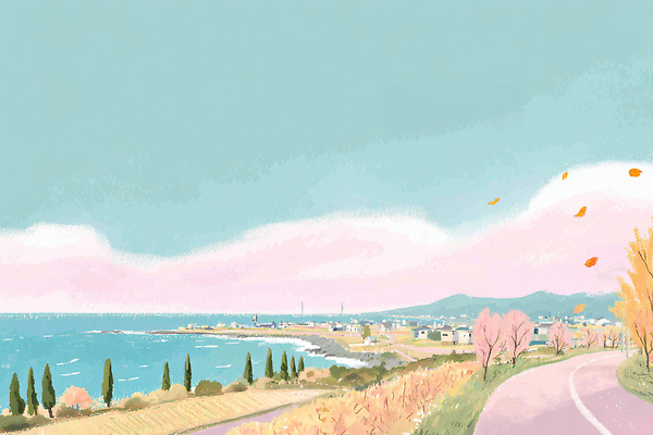 JPG 나무 꽃 도로 바다 컬러 여행 일러스트 자연 하늘 바람 풍경 해변 일상 소풍 고요 산책 가을 조경 국내일러스트 AI일러스트 AI콘텐츠 자연요소 식물 계절 길 교통시설 날씨 휴식 라이프 야외활동 생태계 파일형식