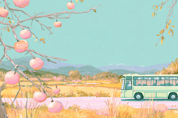 JPG 열매 도로 예술 여행 일러스트 자연 하늘 산 버스 풍경 일상 파란색 가을 편안함 과일나무 그림 조용 일과 정차 국내일러스트 AI일러스트 AI콘텐츠 나무 식물 계절 길 육상교통 컬러 교통시설 대중교통 라이프 감각 생태계 파일형식