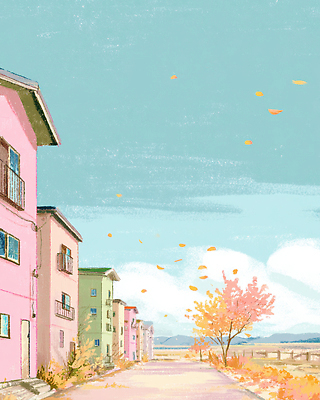 JPG 나무 분홍색 하늘색 잎 일러스트 자연 하늘 바람 거리 풍경 건물 일상 초록색 소풍 노란색 마을 고요 가을 시골 뷰티풀 국내일러스트 AI일러스트 AI콘텐츠 자연요소 식물 건축물 계절 컬러 날씨 라이프 파란색 야외활동 생태계 파일형식