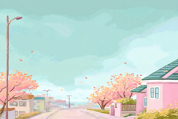 JPG 나무 구름 열매 분홍색 잎 일러스트 자연 거리 주택 풍경 평화 봄 벚꽃 시골 보행자 조화 뷰티풀 색감 국내일러스트 AI일러스트 AI콘텐츠 자연요소 식물 계절 꽃 컬러 컨셉 건물 생태계 파일형식