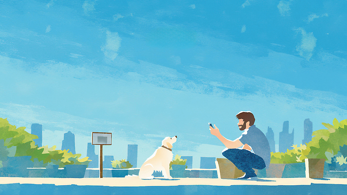 JPG 남자 행복 반려견 여유 일러스트 놀이 풍경 근접촬영 반려동물 디지털 사진촬영 도시 개 옥상 한가함 국내일러스트 AI일러스트 AI콘텐츠 동물 감정 뷰포인트 컨셉 포유류 사람 촬영 파일형식
