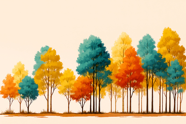 JPG 나무 컬러 일러스트 자연 나뭇잎 풍경 파란색 노란색 환경 고요 가을 시간 찡그림 조화 뷰티풀 국내일러스트 AI일러스트 AI콘텐츠 식물 계절 잎 표정 생태계 파일형식