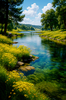 JPG 나무 편집이미지 꽃 자연 하늘 풍경 물 여름 파란색 강 햇빛 평화 들꽃 흐름 이미지편집 AI포토 AI콘텐츠 자연요소 식물 계절 컬러 컨셉 태양 생태계 파일형식