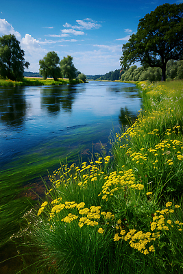 JPG 나무 식물 편집이미지 꽃 자연 풍경 초원 물 여름 강 햇빛 반사 노란색 고요 생태계 이미지편집 AI포토 AI콘텐츠 자연요소 계절 컬러 태양 파일형식